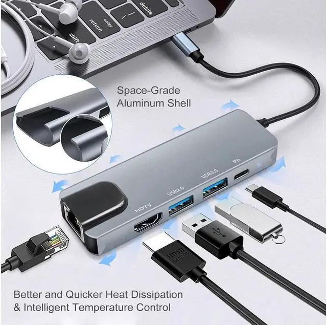 Alt view image 3 of 7 - USB C Hub, 5 in 1 USB C to 4K@30HZ HDMI Adapter with 100M Ethernet, Power Delivery Pd Type C Charging Port, USB 3.0&USB2.0 Ports Adapter Compatible for MacBook Pro, Chromebook, XPS, and USB C Devices