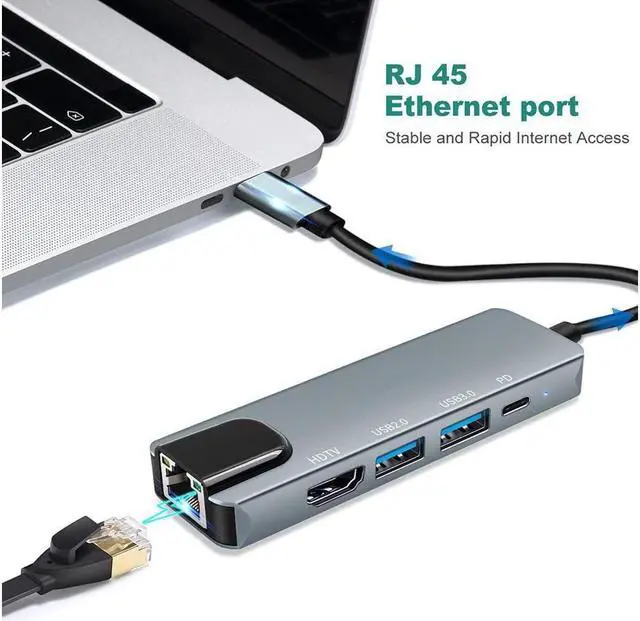 Alt view image 2 of 7 - USB C Hub, 5 in 1 USB C to 4K@30HZ HDMI Adapter with 100M Ethernet, Power Delivery Pd Type C Charging Port, USB 3.0&USB2.0 Ports Adapter Compatible for MacBook Pro, Chromebook, XPS, and USB C Devices