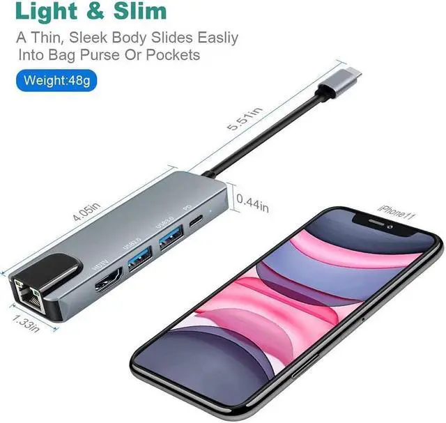 Alt view image 7 of 7 - USB C Hub, 5 in 1 USB C to 4K@30HZ HDMI Adapter with 100M Ethernet, Power Delivery Pd Type C Charging Port, USB 3.0&USB2.0 Ports Adapter Compatible for MacBook Pro, Chromebook, XPS, and USB C Devices