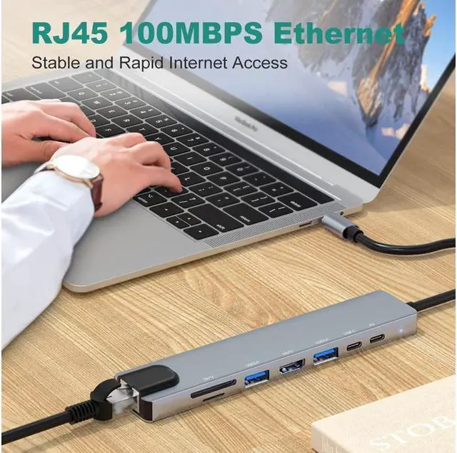 Alt view image 2 of 7 - BONAEVER USB C Hub 8-in-1 USB C Port hub to Rj45 Ethernet Port USB3.0 & 2.0 Port 1PD 100W Charging USB 1USB/C Port 1 HDMI Port 1Tf & 1SD Port