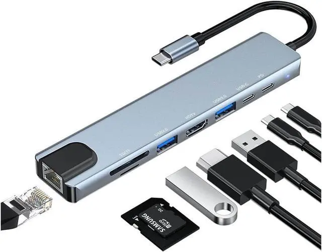 Main image of BONAEVER USB C Hub 8-in-1 USB C Port hub to Rj45 Ethernet Port USB3.0 & 2.0 Port 1PD 100W Charging USB 1USB/C Port 1 HDMI Port 1Tf & 1SD Port