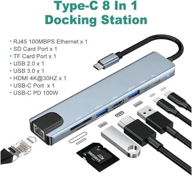 Alt view image 4 of 7 - BONAEVER USB C Hub 8-in-1 USB C Port hub to Rj45 Ethernet Port USB3.0 & 2.0 Port 1PD 100W Charging USB 1USB/C Port 1 HDMI Port 1Tf & 1SD Port