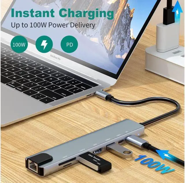 Alt view image 6 of 7 - BONAEVER USB C Hub 8-in-1 USB C Port hub to Rj45 Ethernet Port USB3.0 & 2.0 Port 1PD 100W Charging USB 1USB/C Port 1 HDMI Port 1Tf & 1SD Port