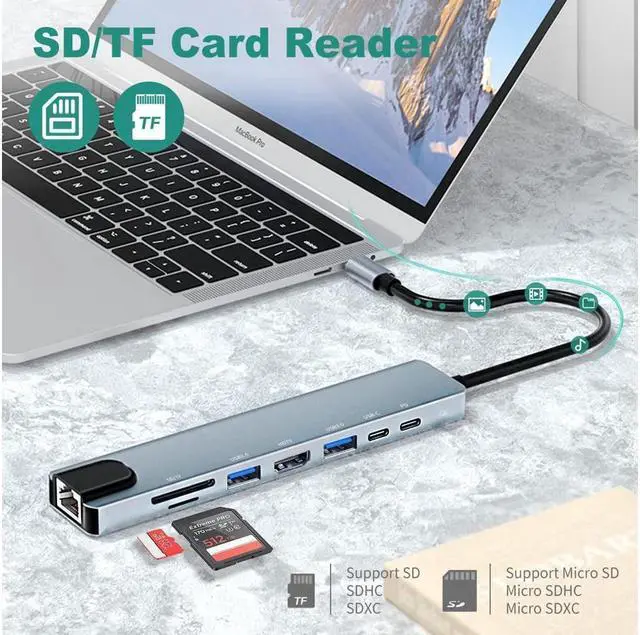 Alt view image 7 of 7 - BONAEVER USB C Hub 8-in-1 USB C Port hub to Rj45 Ethernet Port USB3.0 & 2.0 Port 1PD 100W Charging USB 1USB/C Port 1 HDMI Port 1Tf & 1SD Port