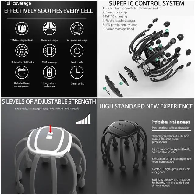 Alt view image 4 of 7 - BONAEVER Electric Scalp Head Massager with bulit-in bluetooth speaker 5 Modes Octopus Claw Vibration Massage Standress Relief Relax