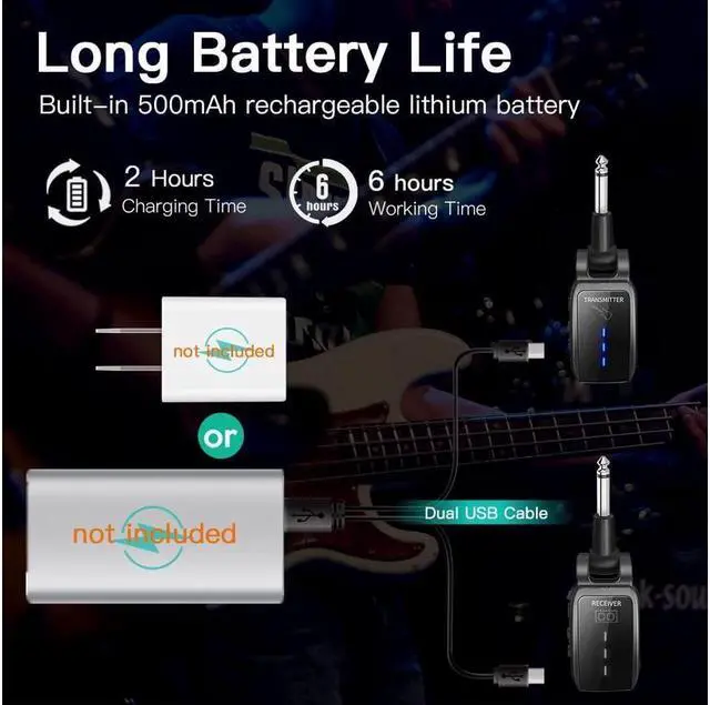 Alt view image 6 of 6 - BONAEVER Wireless Guitar Systerm UHF Wireless Guitar Transmitter Receiver 164Feet Range with HD LED Screen for Electric Guitar Bass Musical In Standruments Black