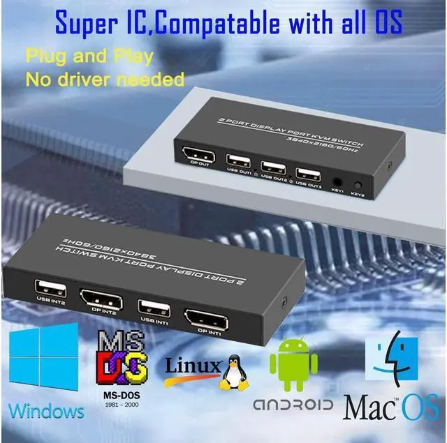 Alt view image 5 of 7 - BONAEVER KVM Switch DisplayPort - 2 Port Displayport KVM Switch Two Computers One Monitor Switch to Share MouseKey board Printer USB Ultra HD Monitor Support 4K@60Hz 2 DP Cable 2 USB Cable