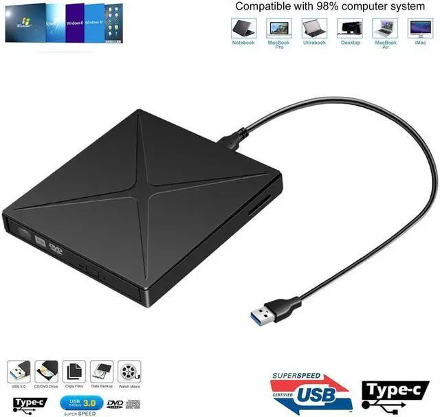 Main image of BONAEVER External CD DVD Drive Ultra-Slim Portable External DVD Recorder Player Reader 2 in 1 USB 3.0 Type-C CD Writer for Laptop MacBook Air Pro Desktop PC Apple Mac Win 11/10/8/XP