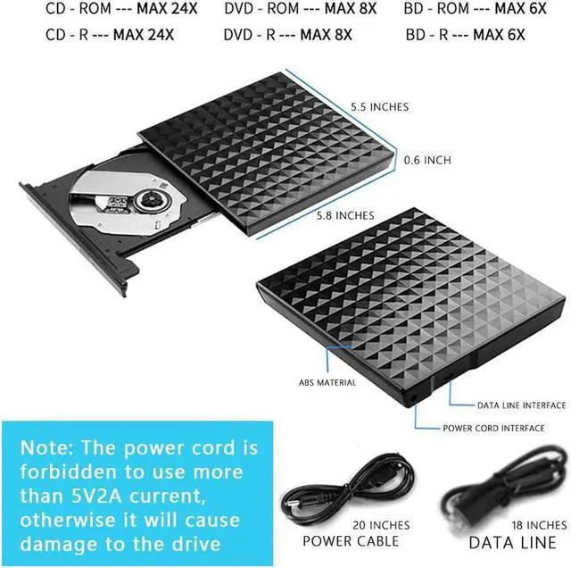 Alt view image 4 of 7 - BONAEVER External Blu-ray Drive Blu-ray Burner 6X Compatible with BD DVD CD Drive Portable Bluray Drive 100GB Slimline External Blu ray Drive usb 3.0 Type-C Port for Windows XP/7/8/10for Mac PC