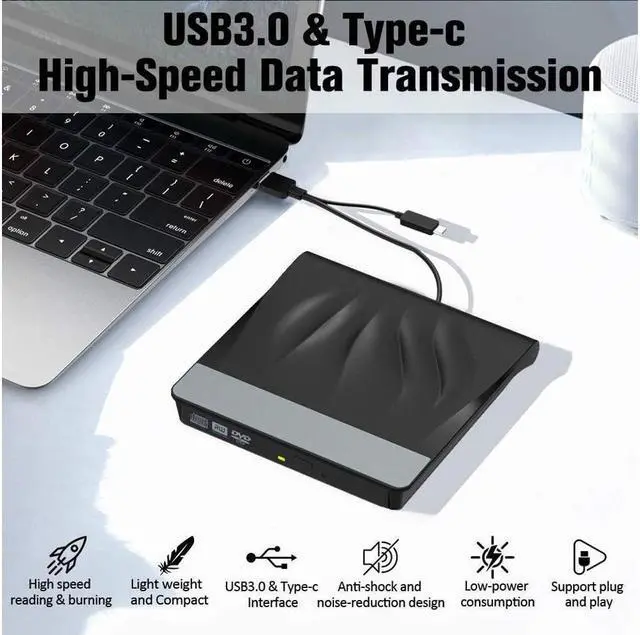 Alt view image 2 of 7 - BONAEVER External CD DVD Drive USB 3.0 Type-C Portable Superdrive Burner Player Writer CD DVD +/- RW Compatible with Windows 10 8 7 XP Vi Standa Mac OS Systerm for Mac Pro Air iMac Laptop