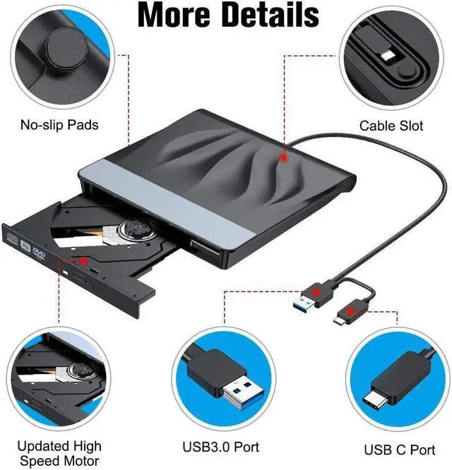 Alt view image 3 of 7 - BONAEVER External CD DVD Drive USB 3.0 Type-C Portable Superdrive Burner Player Writer CD DVD +/- RW Compatible with Windows 10 8 7 XP Vi Standa Mac OS Systerm for Mac Pro Air iMac Laptop