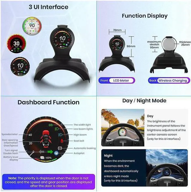 Alt view image 5 of 7 - BONAEVER Car HUD Head Up Display Car Car Dashboard In Standrument Compatible with Tesla Model 3 Model Y with Speed Gear Battery Power Mileage Other Raw Data Wireless Charging Holder Mount