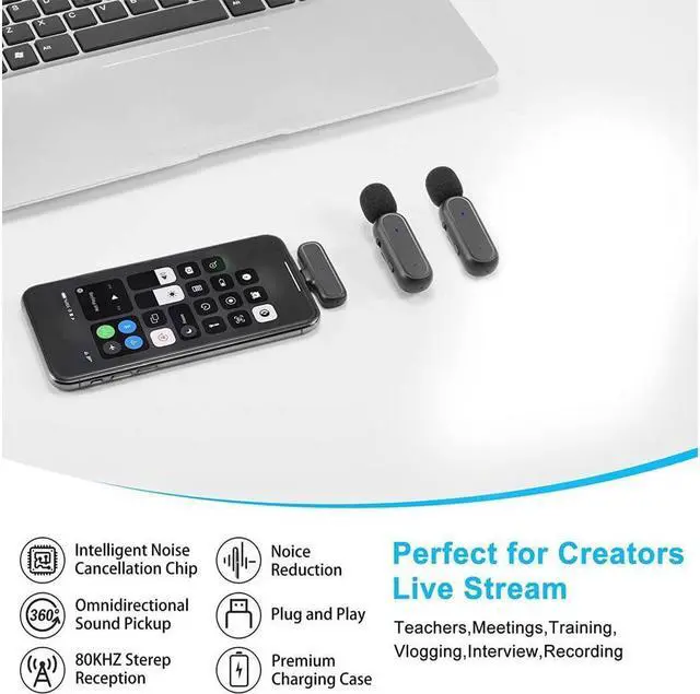 Alt view image 2 of 6 - BONAEVER Wireless Microphone for Type-C Phone Plug-Play Wireless Lavalier Mic with Clips & 2 Microphone for USB-C Phone Video Recording YouTube TikTok Facebook Live Standream Noise Reduction