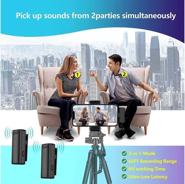 Alt view image 4 of 7 - BONAEVER Wireless Lavalier Lapel Microphone for iPhone iPadMini Microphone with Portable Charging Case65FT Long Di Standance Transmission Wireless MicAuto-Sync NO APP or Bluetooth Needed