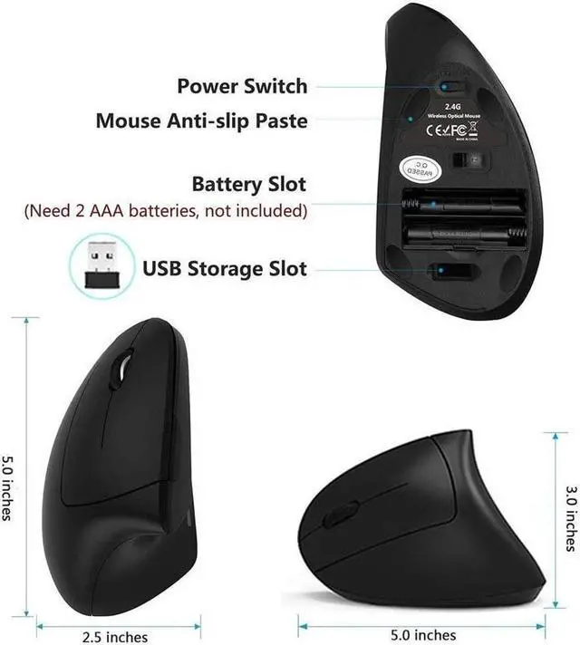 Alt view image 3 of 6 - BONAEVER Left Haned Mouse Wireless 2.4G USB Lefty Left H Ergonomic Vertical Mouse Less Noise - Black