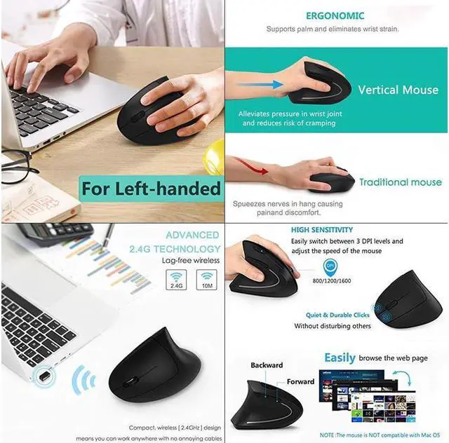 Alt view image 6 of 6 - BONAEVER Left Haned Mouse Wireless 2.4G USB Lefty Left H Ergonomic Vertical Mouse Less Noise - Black