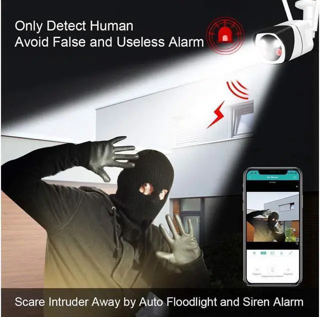 Alt view image 2 of 7 - BONAEVER Wireless Security Camera Outdoor 1080P WiFi Home Camera with Floodlight Siren Alarm Two Way Audio Security Camera with Smart Human Detection Color Night Vision for Home Shop Factory