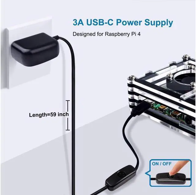 Alt view image 4 of 7 - BONAEVER Case for Raspberry Pi 4 B Case with Cooling Fan 4PCS Heatsinks 5V 3A USB-C Power Supply for Raspberry Pi 4 Model B (RPI 4 Board Not Included)
