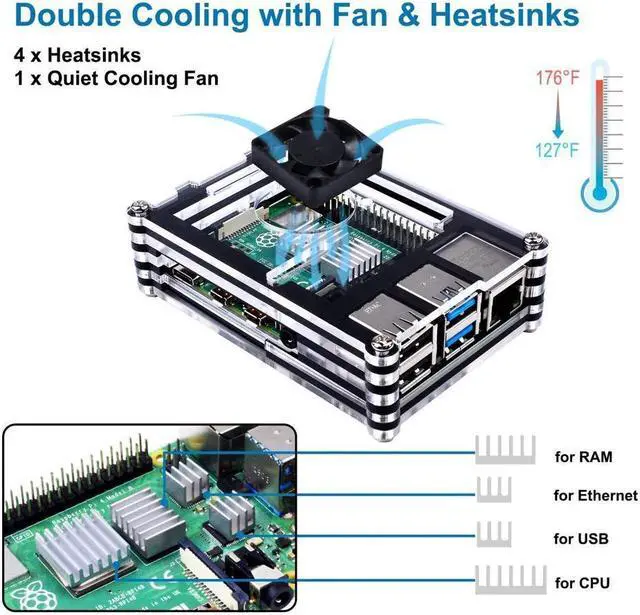 Alt view image 2 of 7 - BONAEVER Case for Raspberry Pi 4 B Case with Cooling Fan 4PCS Heatsinks 5V 3A USB-C Power Supply for Raspberry Pi 4 Model B (RPI 4 Board Not Included)