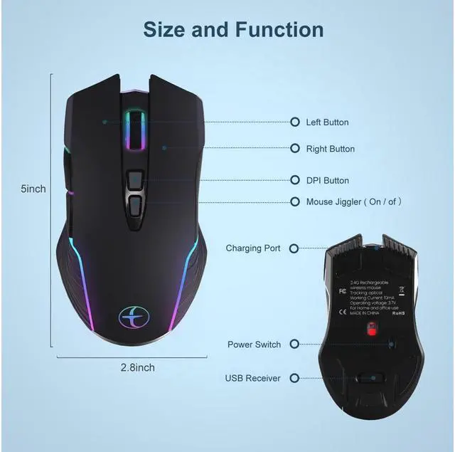 Alt view image 5 of 7 - BONAEVER Wireless Mouse LED Rechargeable USB Type-C Mouse for Macbook Laptop Computer Silent Click Jiggler Mouse 2.4G USB