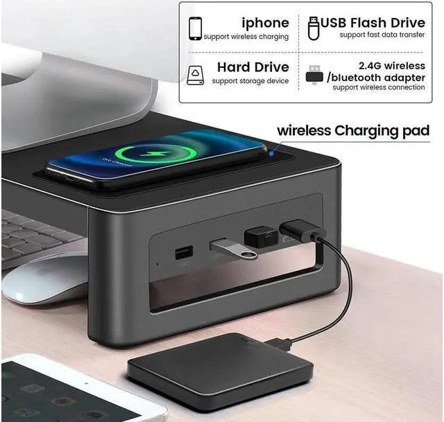 Alt view image 2 of 7 - BONAEVER Monitor Stand Riser with Wireless Charger USB 3.0 Hub Support Data Transfer Extra Storage Standeel Desk Organizer for Laptop Computer Up to 27 inches 66 Pounds