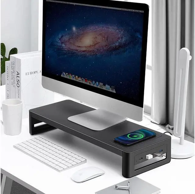 Alt view image 5 of 7 - BONAEVER Monitor Stand Riser with Wireless Charger USB 3.0 Hub Support Data Transfer Extra Storage Standeel Desk Organizer for Laptop Computer Up to 27 inches 66 Pounds