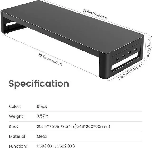 Alt view image 6 of 7 - BONAEVER Monitor Stand Riser Metal Computer Stand with USB 3.0 Hub Support Data Transfer Charging Monitor Shelf Printer Stand Desk Organizer for TV / Laptop / Computer / Up to 27 inches 66 pounds