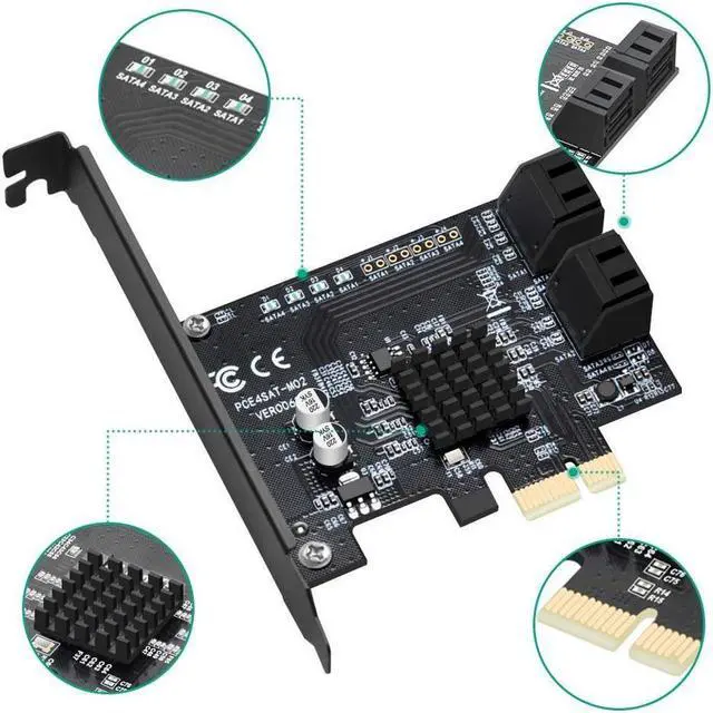Alt view image 5 of 7 - BONAEVER 4 Ports SATA 6G PCI Express Controller Card PCI-Express PCI-e To SATA III / SATA 3.0 Converter Expansion Controller Card Dapter Support Low Profile Bracket SATA3.0