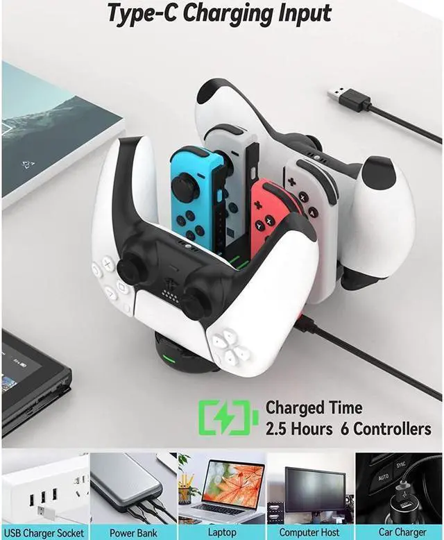 Alt view image 5 of 7 - BONAEVER Charger Dock For Switch Controller 6-in-1 Charging Station For 4 Joy Cons 2 NS Pro/PS5/Xbox One/Xbox Series Controllers Type C Charging Cable