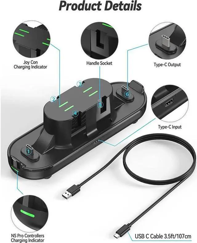 Alt view image 2 of 7 - BONAEVER Charger Dock For Switch Controller 6-in-1 Charging Station For 4 Joy Cons 2 NS Pro/PS5/Xbox One/Xbox Series Controllers Type C Charging Cable