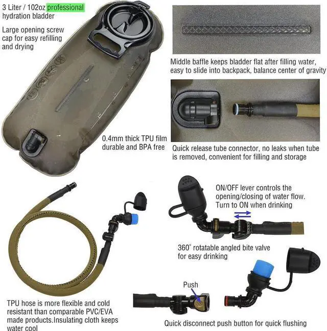 Alt view image 5 of 7 - BONAEVER Tactical Molle Hydration Pack Backpack with 3L TPU Water Bladder Military Daypack for Cycling Hiking Running Climbing Hunting Biking Tan