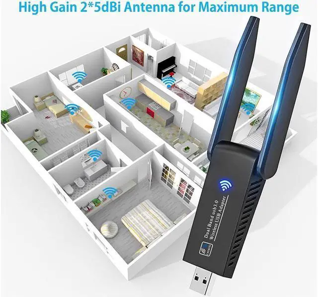 Alt view image 4 of 7 - BONAEVER USB WiFi Dongle 1300Mbps USB WiFi Adapter 802.11 AC Dual B 5GHz/2.4GHz Fast USB 3.0 High Gain 5dBi with Dual Antenna Network Adapter