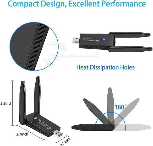 Alt view image 7 of 7 - BONAEVER USB WiFi Dongle 1300Mbps USB WiFi Adapter 802.11 AC Dual B 5GHz/2.4GHz Fast USB 3.0 High Gain 5dBi with Dual Antenna Network Adapter