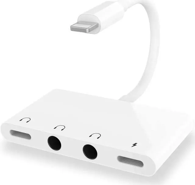 Main image of BONAEVER 4 in 1 Headphone Jack Audio Charger Adapter & Splitter + Dual 3.5mm Headphone Jack + Charging Port for iPhone 14 13 12 11 X 8 7 / iPad- Support iOS 15