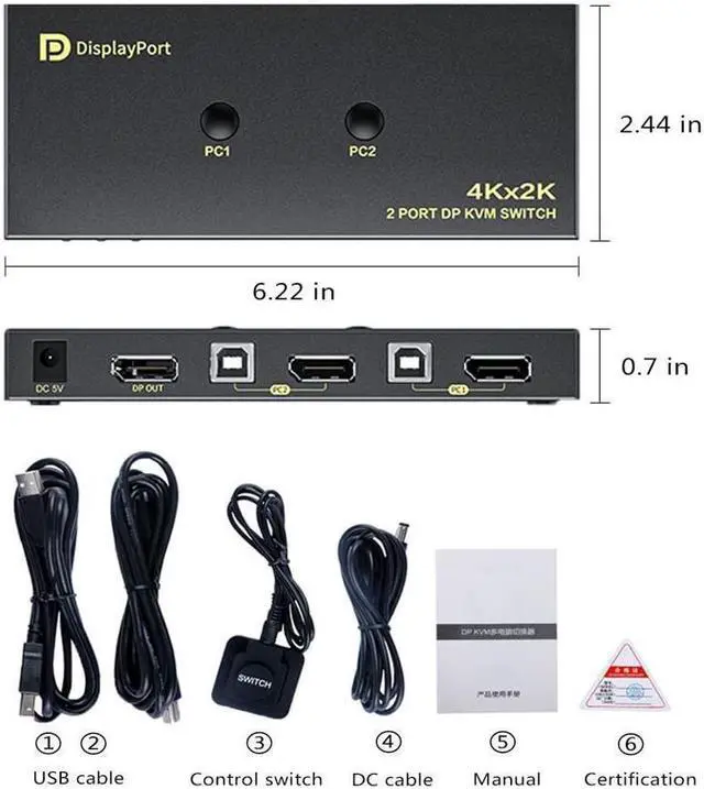 Alt view image 7 of 7 - BONAEVER DisplayPort KVM Switch 2 Port KVM Switch DisplayPort for 2 Computers Sharing 1 Monitor 3 USB Devices Support 4K @60Hz 2K(2560X1440) @120Hz