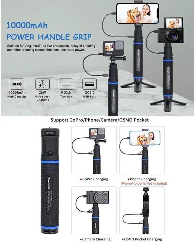 Alt view image 2 of 7 - BONAEVER 10000mAh Power Bank Grip Portable Tripod for PD/QC Battery Charging for DSLR Action Camera GoPro Hero 11/10/9/8/7/6/5 In Standa360YI Sport Camera DJI OSMO