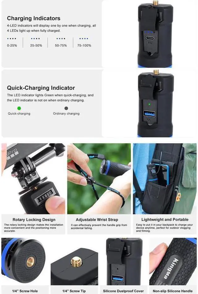 Alt view image 3 of 7 - BONAEVER 10000mAh Power Bank Grip Portable Tripod for PD/QC Battery Charging for DSLR Action Camera GoPro Hero 11/10/9/8/7/6/5 In Standa360YI Sport Camera DJI OSMO