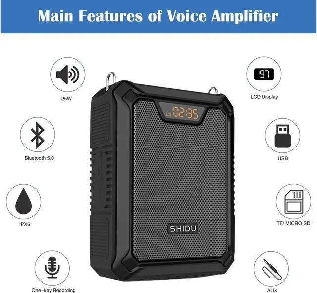 Alt view image 2 of 6 - BONAEVER Voice Amplifier Portable Speaker with Wired Microphone 25W Rechargeable Waterproof IPX6 Bluetooth 5.0 Mini Pa Systerm for Teachers Training