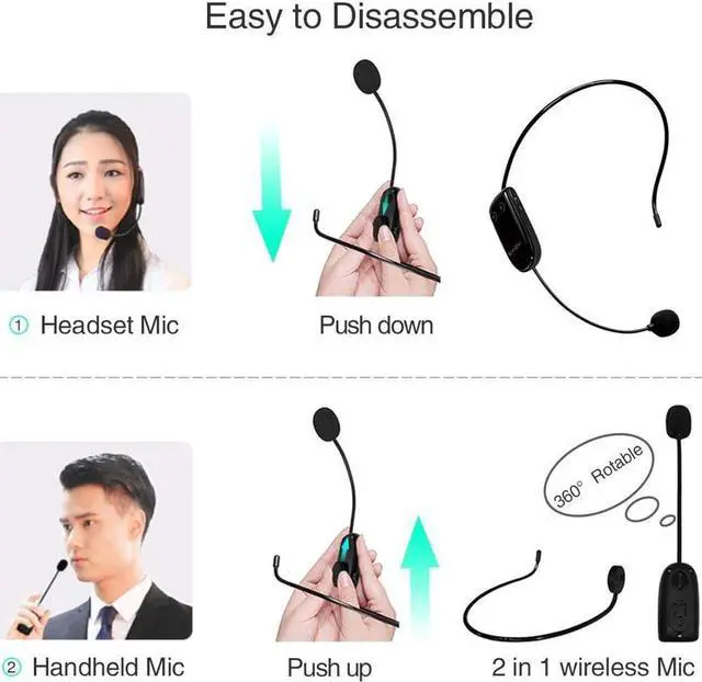 Alt view image 5 of 6 - BONAEVER Wireless Microphone Headset UHF External Mic Rechargeable Transmitter with Receiver Headset Hand Held 2 in 1 for Voice Amplifier Pa Systerm Standage Speaker