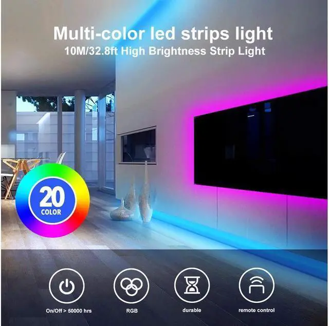 Alt view image 6 of 7 - BONAEVER Led Standrip Lights 32.8ft Waterproof Flexible Tape Lights Color Changing 5050 RGB 300 LEDs Light Standrips Kit with 44 Keys IR Remote Controller Power Supply