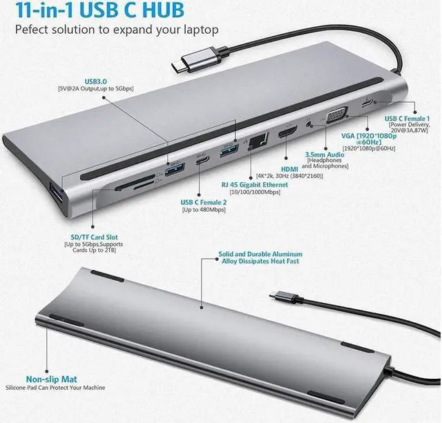 Alt view image 2 of 7 - BONAEVER 11 in 1 Type C Adapter USB Type C to HDMI 3 x USB 3.0 USB C TF-SD Reader VGA RJ45 LAN 3.5 Audio PD For for Notebook Macbook HP DELL XPS Surface Lenovo