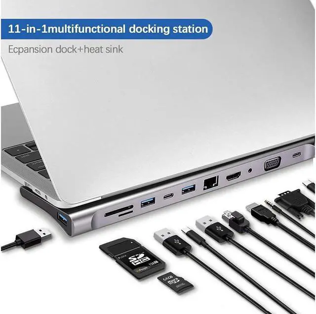Alt view image 3 of 7 - BONAEVER 11 in 1 Type C Adapter USB Type C to HDMI 3 x USB 3.0 USB C TF-SD Reader VGA RJ45 LAN 3.5 Audio PD For for Notebook Macbook HP DELL XPS Surface Lenovo