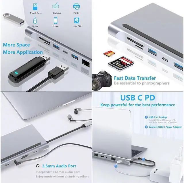 Alt view image 4 of 7 - BONAEVER 11 in 1 Type C Adapter USB Type C to HDMI 3 x USB 3.0 USB C TF-SD Reader VGA RJ45 LAN 3.5 Audio PD For for Notebook Macbook HP DELL XPS Surface Lenovo