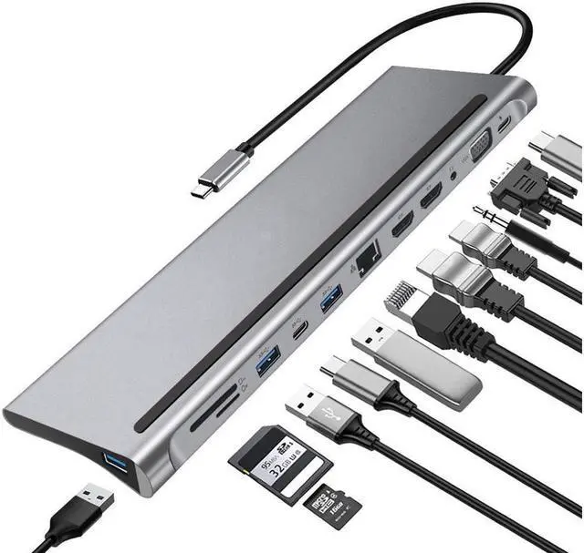 Main image of 12 in 1 USB C Type Hub Adapter, Multi Port Triple Display Dongle Type-C to Dual HDMI, VGA, USB 3.0, PD Charging, SD/TF Card Reader, Gigabit Ethernet