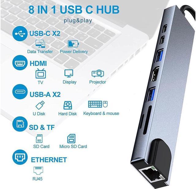 8-en-1 Ethernet Usb C Hub, Hdmi 4k Sd / tf Usb 3.0 Usb C Hub Space Adaptador  de aluminio, Macbook Pro / air M1 Adapter, Ipad Pro Air Windows Chromecast  Switch