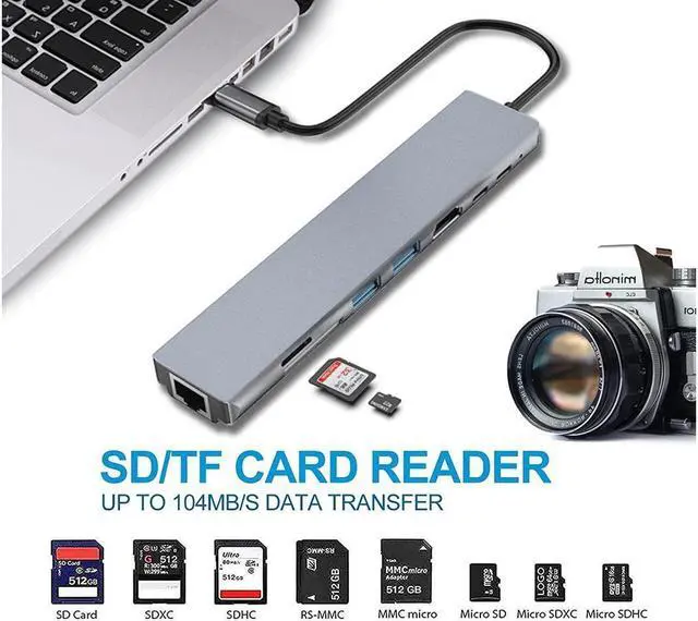 Alt view image 4 of 7 - BONAEVER 8-in-1 Ethernet USB C Hub HDMI 4K SD/TF USB 3.0 USB C Hub Space Aluminum Adapter MacBook PRO/Air M1 Adapter iPad PRO Air Windows Chromeca Stand Switch PS4