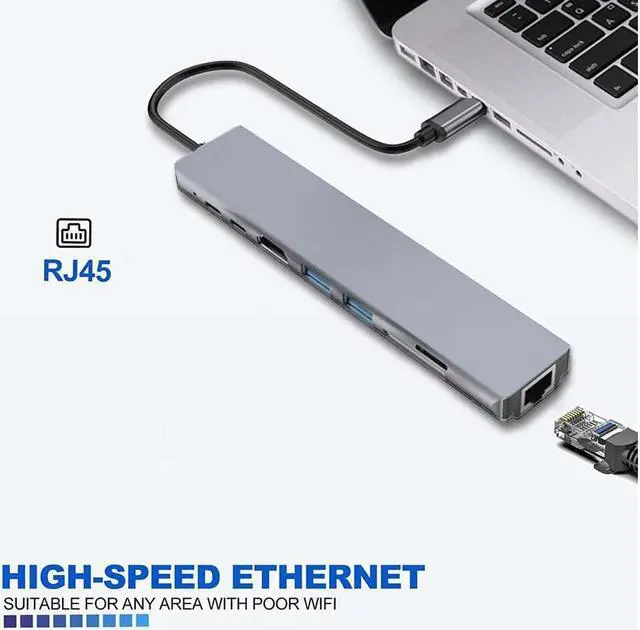 Alt view image 5 of 7 - BONAEVER 8-in-1 Ethernet USB C Hub HDMI 4K SD/TF USB 3.0 USB C Hub Space Aluminum Adapter MacBook PRO/Air M1 Adapter iPad PRO Air Windows Chromeca Stand Switch PS4