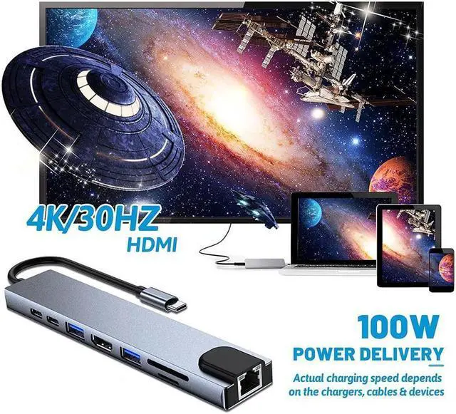 Alt view image 7 of 7 - BONAEVER 8-in-1 Ethernet USB C Hub HDMI 4K SD/TF USB 3.0 USB C Hub Space Aluminum Adapter MacBook PRO/Air M1 Adapter iPad PRO Air Windows Chromeca Stand Switch PS4