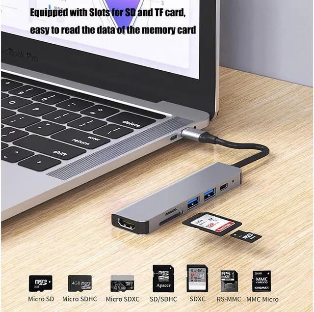 Alt view image 3 of 6 - BONAEVER USB C Hub 6-in-1 USB Docking Station HDMI Adapter 4K PD USB 3.0 Ports TF/SD Card for MacBook Pro Air/Chromebook/Surface/HP/Dell XPS/Huawei/Matebook/Galaxy