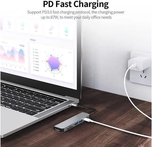 Alt view image 6 of 6 - BONAEVER USB C Hub 6-in-1 USB Docking Station HDMI Adapter 4K PD USB 3.0 Ports TF/SD Card for MacBook Pro Air/Chromebook/Surface/HP/Dell XPS/Huawei/Matebook/Galaxy